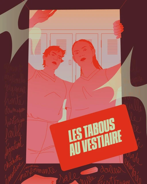 Illustration of two figures in a locker room style setting with text overlay in red tones, rendered in flat, graphic style art.
