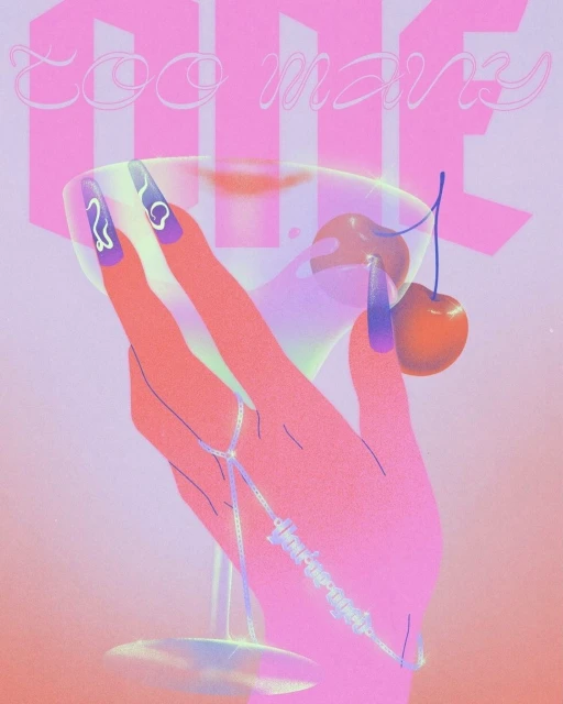 Illustrated stylized hand holding a martini glass with cherries, purple nails, and a hand bracelet, against a pink background.