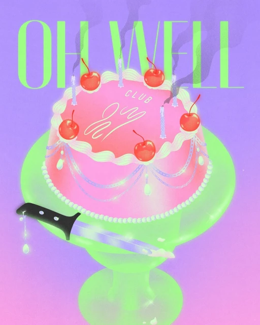 Illustration of a frosted pink cake with cherries and lit candles on a glass stand, beside a knife with dripping liquid.