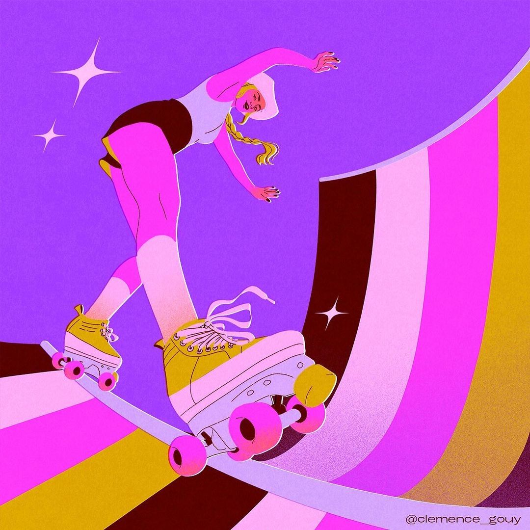 Illustration of a blond adult woman roller skating on a retro-themed ramp with magenta and yellow stripes, against a purple background with stars.