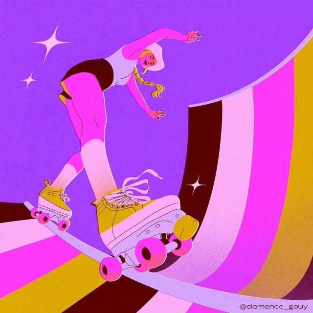 Illustration of a blond adult woman roller skating on a retro-themed ramp with magenta and yellow stripes, against a purple background with stars.