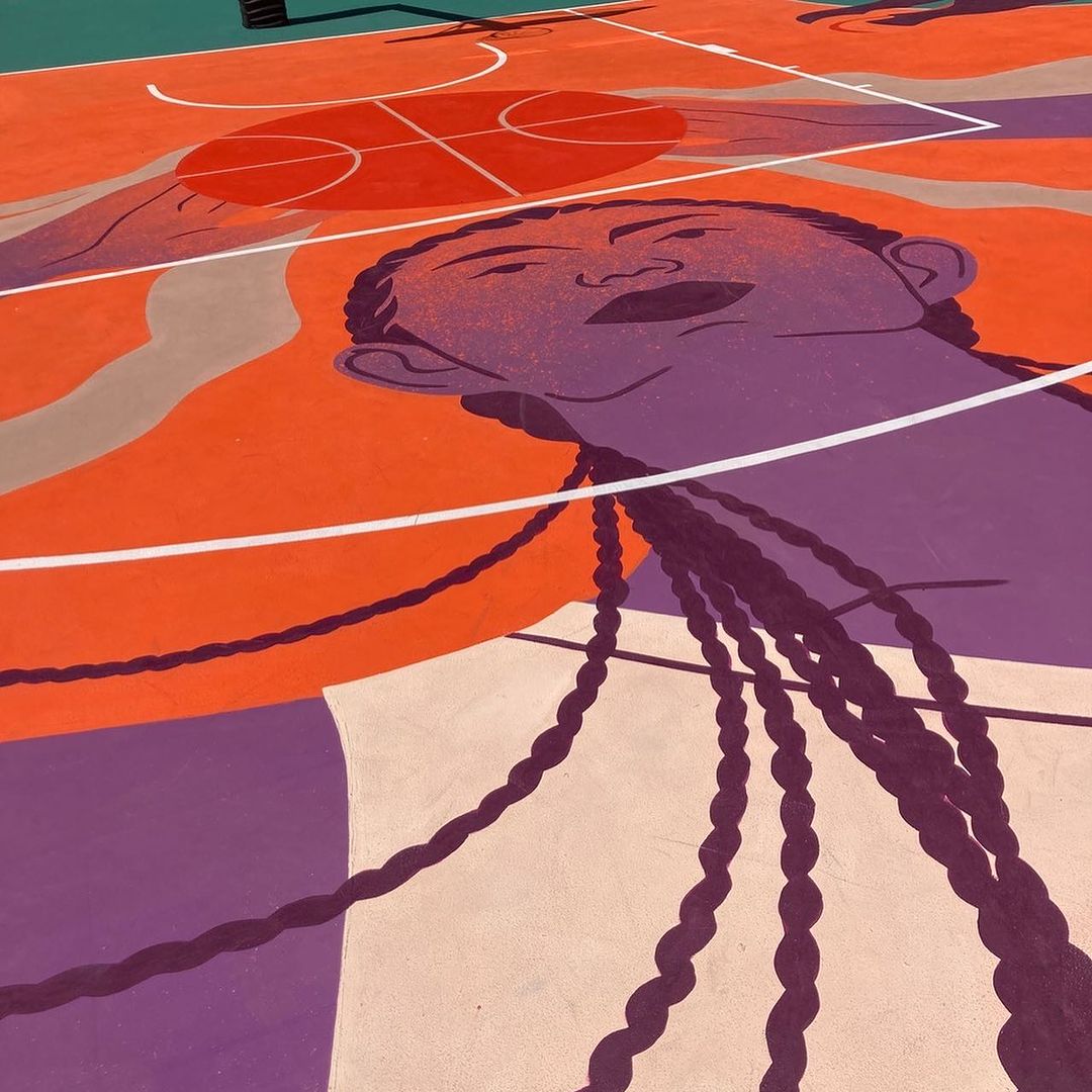 Illustration of a female basketball player with hands on a basketball painted on an outdoor court with orange, purple, and beige colors.