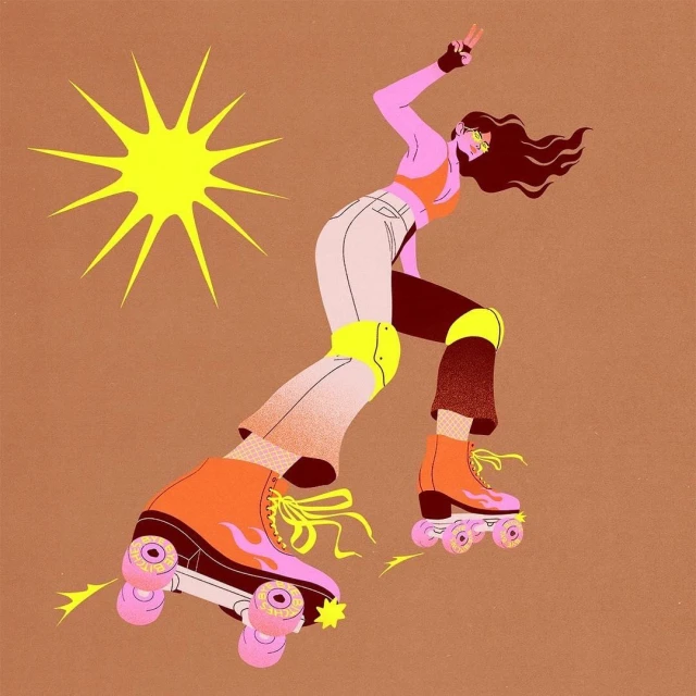 Illustration of a woman on roller skates with flames, wearing colorful clothing and protective gear, set against a warm brown backdrop.