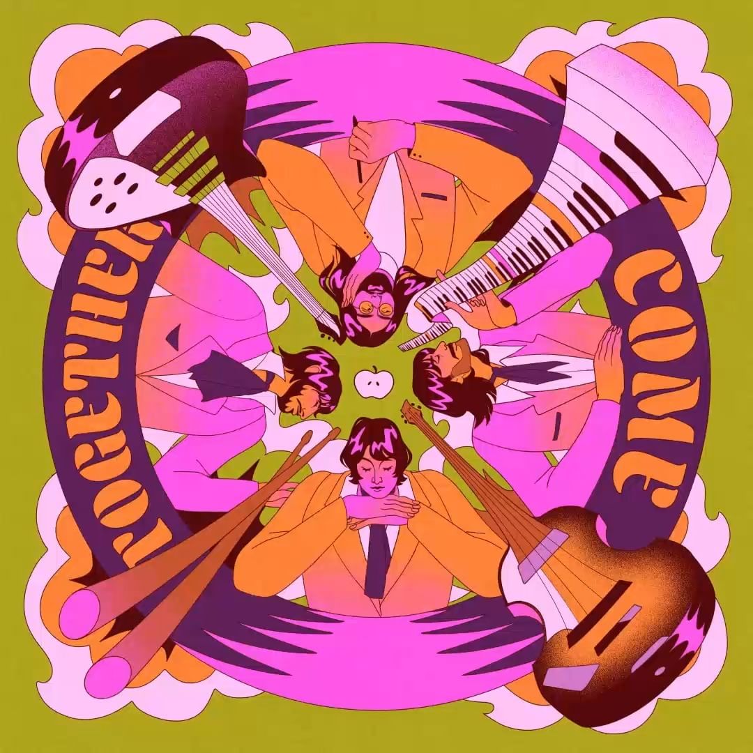 Animated illustration of the Beatles encircling a green apple on an olive green background with bold psychedelic font in pink and purple.