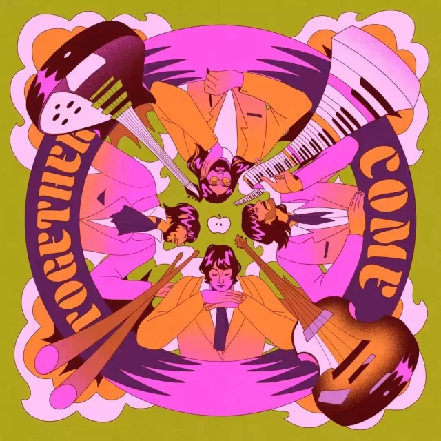 Animated illustration of the Beatles encircling a green apple on an olive green background with bold psychedelic font in pink and purple.