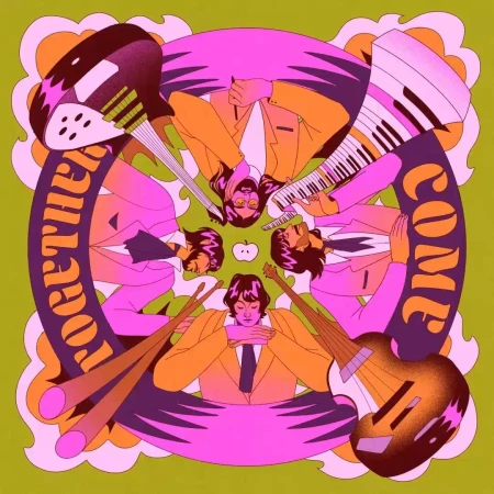 Animated illustration of the Beatles encircling a green apple on an olive green background with bold psychedelic font in pink and purple.