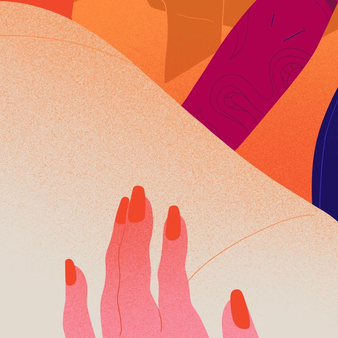 Abstract illustration featuring a human hand with orange nails against an abstract background with orange, pink, and blue tones.