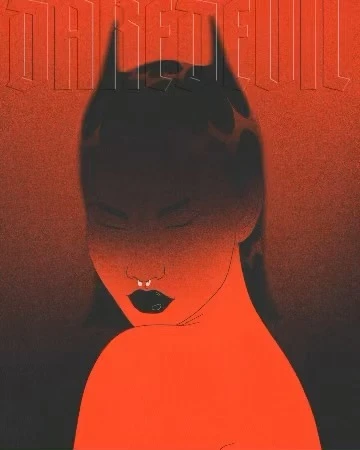 Illustration of a woman with a bat-shaped headpiece in red and black tones, with "DAREFUL" text overlay, against a monochrome background.