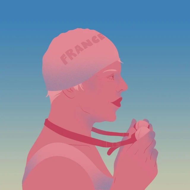 Illustration of a blonde woman with a swim cap and a medal against a gradient sky; visual style reminiscent of the 2024 Paris Olympics.