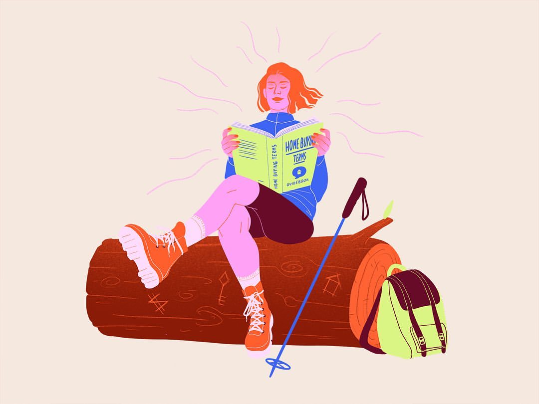 Illustration of woman reading on log outdoors with hiking gear: orange boots, backpack, and hiking stick on a tan background.
