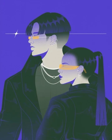 Digital illustration of two figures wearing futuristic sunglasses and dark jackets against a purple background by Clémence Gouy