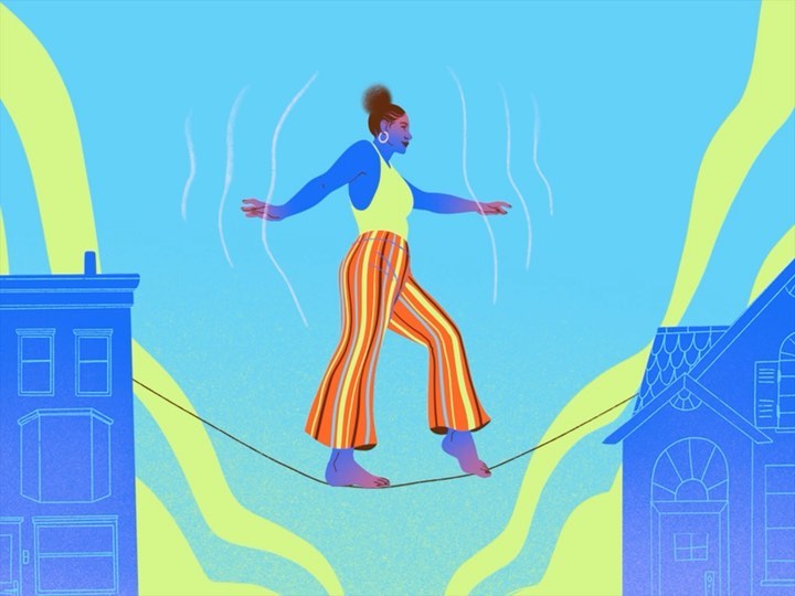 Illustration of a woman balancing on a tightrope between two buildings against a bright blue and chartreuse background.