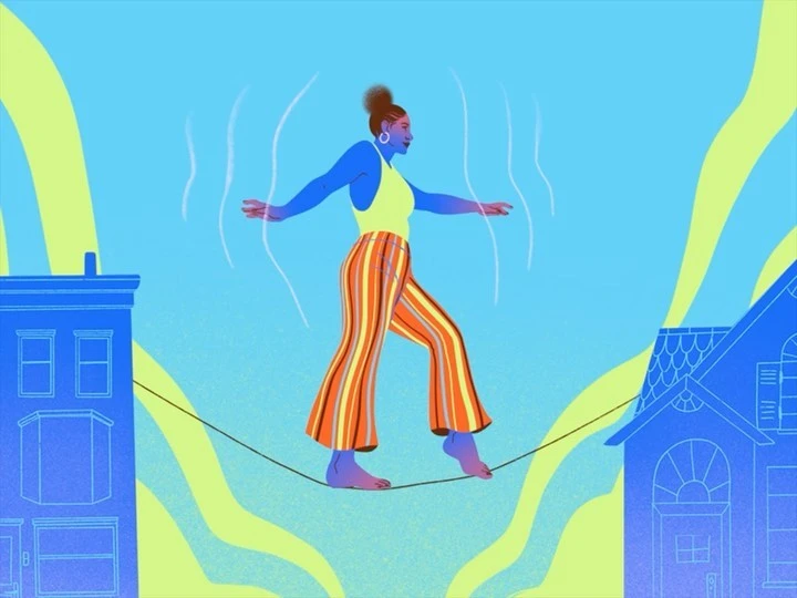 Illustration of a woman balancing on a tightrope between two buildings against a bright blue and chartreuse background.