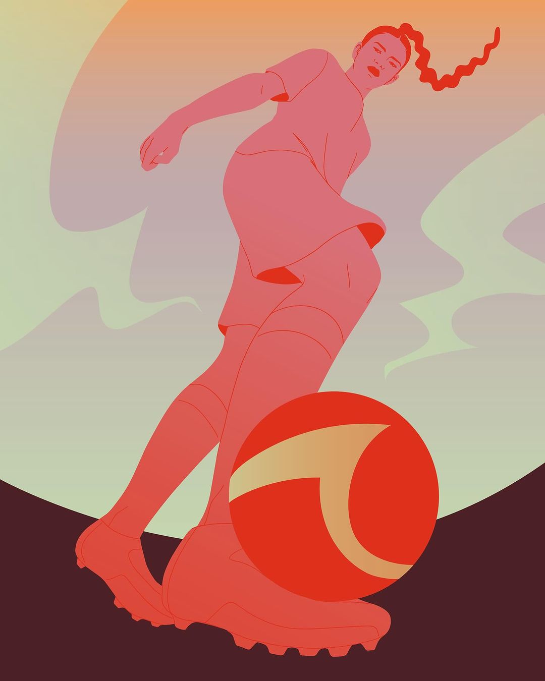 Illustration of a woman in sportswear kicking a soccer ball on a gradient background, rendered in shades of orange and red.