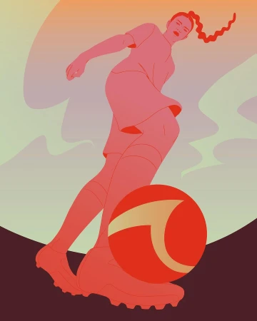 Illustration of a woman in sportswear kicking a soccer ball on a gradient background, rendered in shades of orange and red.