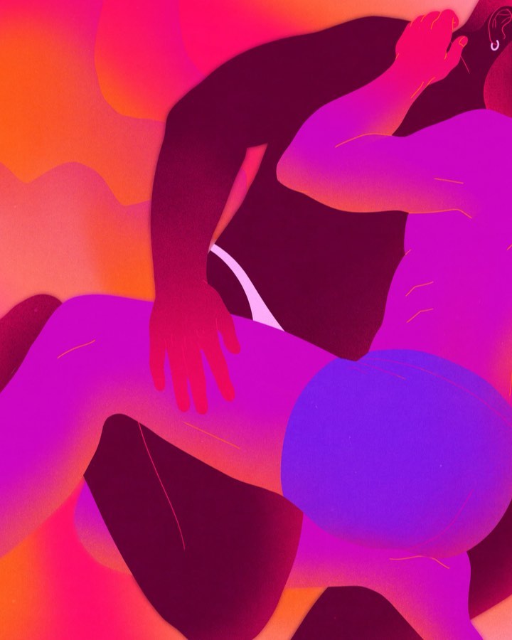 Illustration of two men in a close embrace, rendered with vibrant hues of purple, blue, orange, and black, highlighting intimacy.