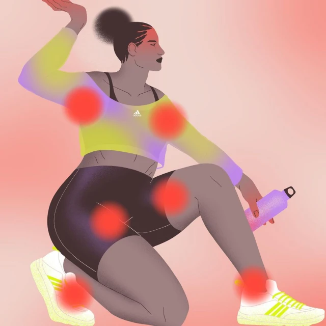 Illustration of a woman in athletic wear kneeling while holding a water bottle in a colorful abstract background. Fashion and fitness concept.