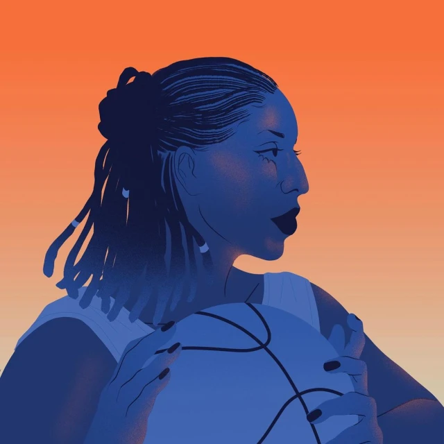 Illustration of a woman with locs and dark lipstick, holding a basketball in a graphic style, set against an orange background.
