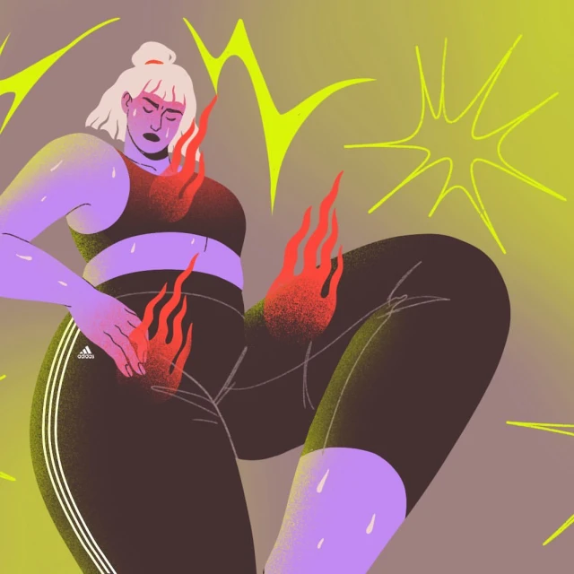 Illustration of a woman in workout attire, flames on her body, Adidas logo visible, against a yellow and grey background with lightning.