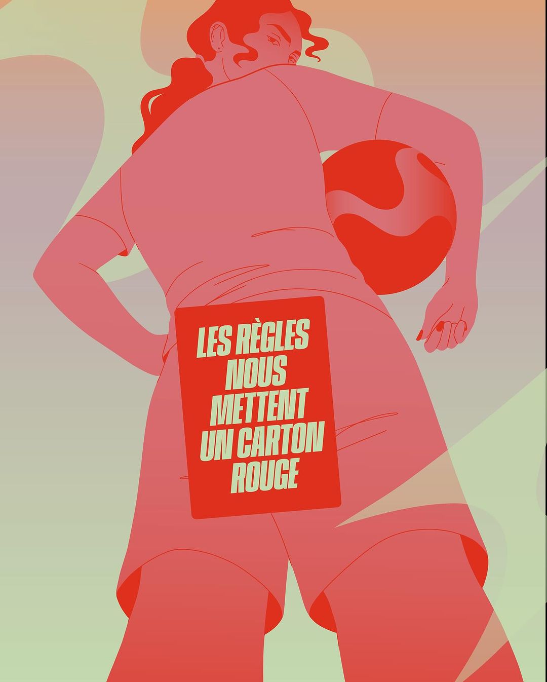 Red-toned graphic illustration featuring a person with a soccer ball, wearing sportswear, and text in French on a red banner.