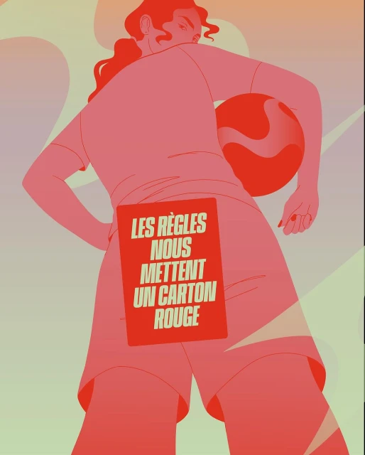 Red-toned graphic illustration featuring a person with a soccer ball, wearing sportswear, and text in French on a red banner.