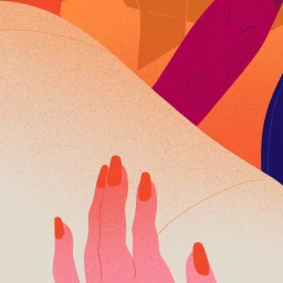 Close-up digital illustration by Clemence Gouy featuring a hand with orange manicured nails against abstract shapes in warm hues.