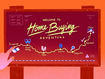 An illustrated sign reading Welcome to Home Buying Adventure with a winding path marking various steps from pre-approval to close.