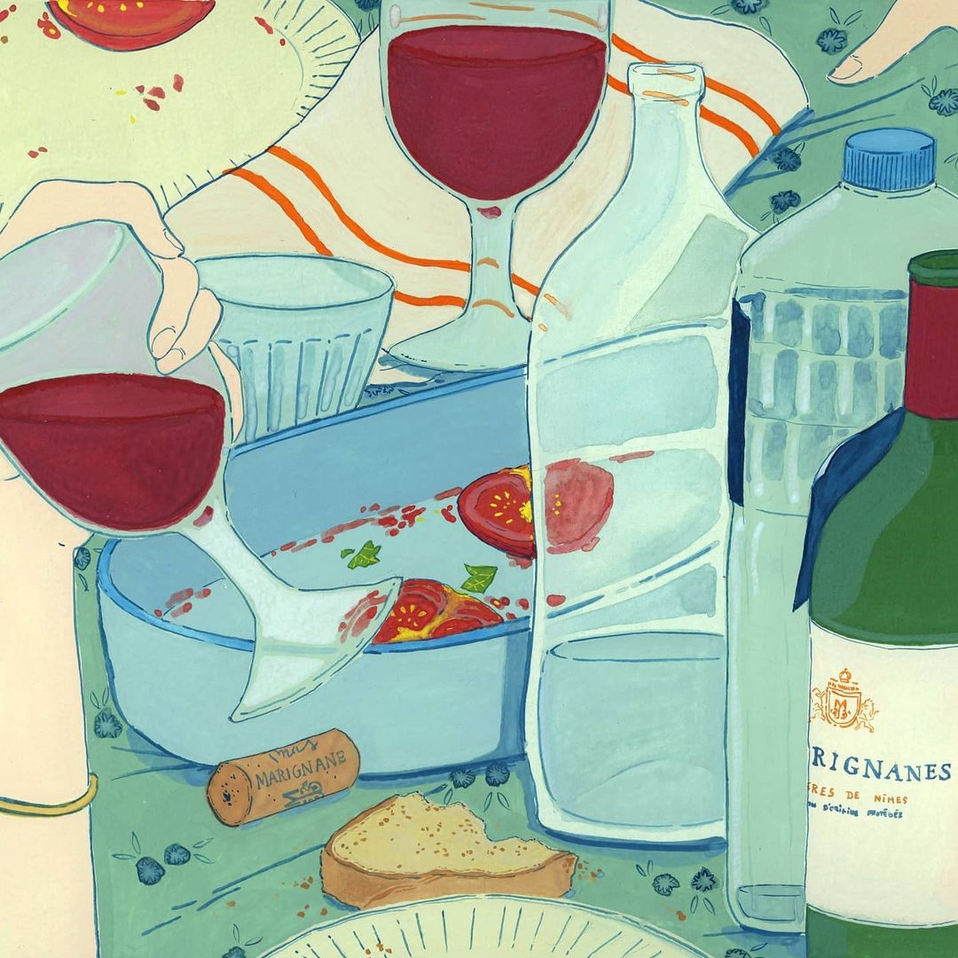 Overhead shot of an illustration showing table with red wine glasses, bread, and open dishes, with a table cloth and two people's arms.