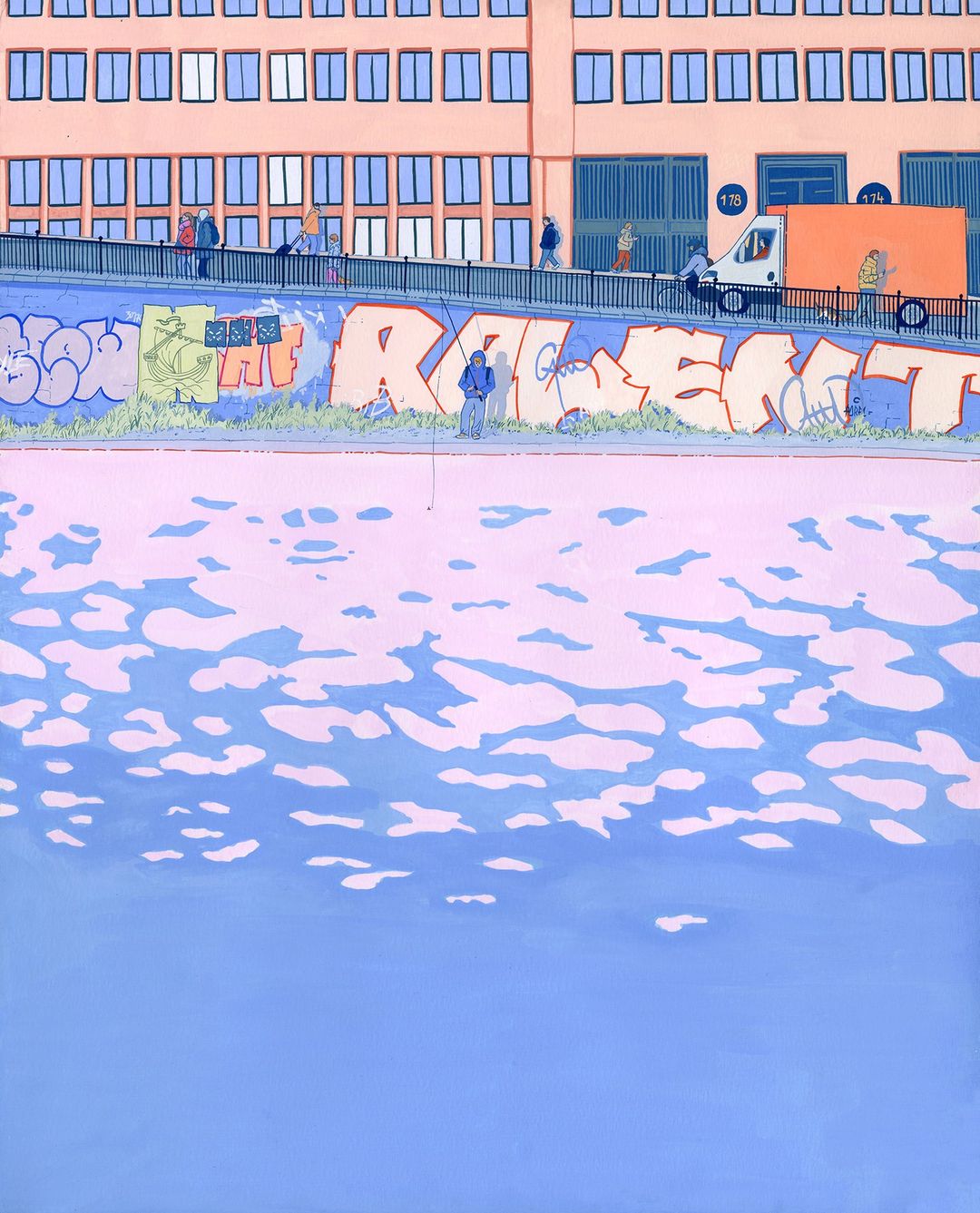 Illustration of a building near water with graffiti, people walking on a ramp, and a white delivery truck under an overcast sky.