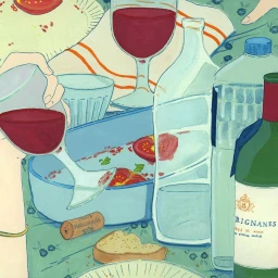 Illustration by Clemence Trossevin featuring wine glasses, bottles, food, and a patterned tablecloth in Paris.