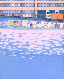 Illustration of a person fishing by a canal with graffiti walls and a peach-toned building by Clemence Trossevin