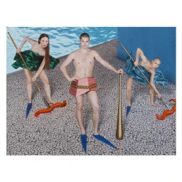 Three models holding long staffs beside a blue pool on patterned ground, photographed by Clemens Ascher.