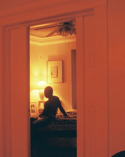 Person sits on bed in dimly lit room with ceiling fan, framed pictures, and artwork, doorway view.