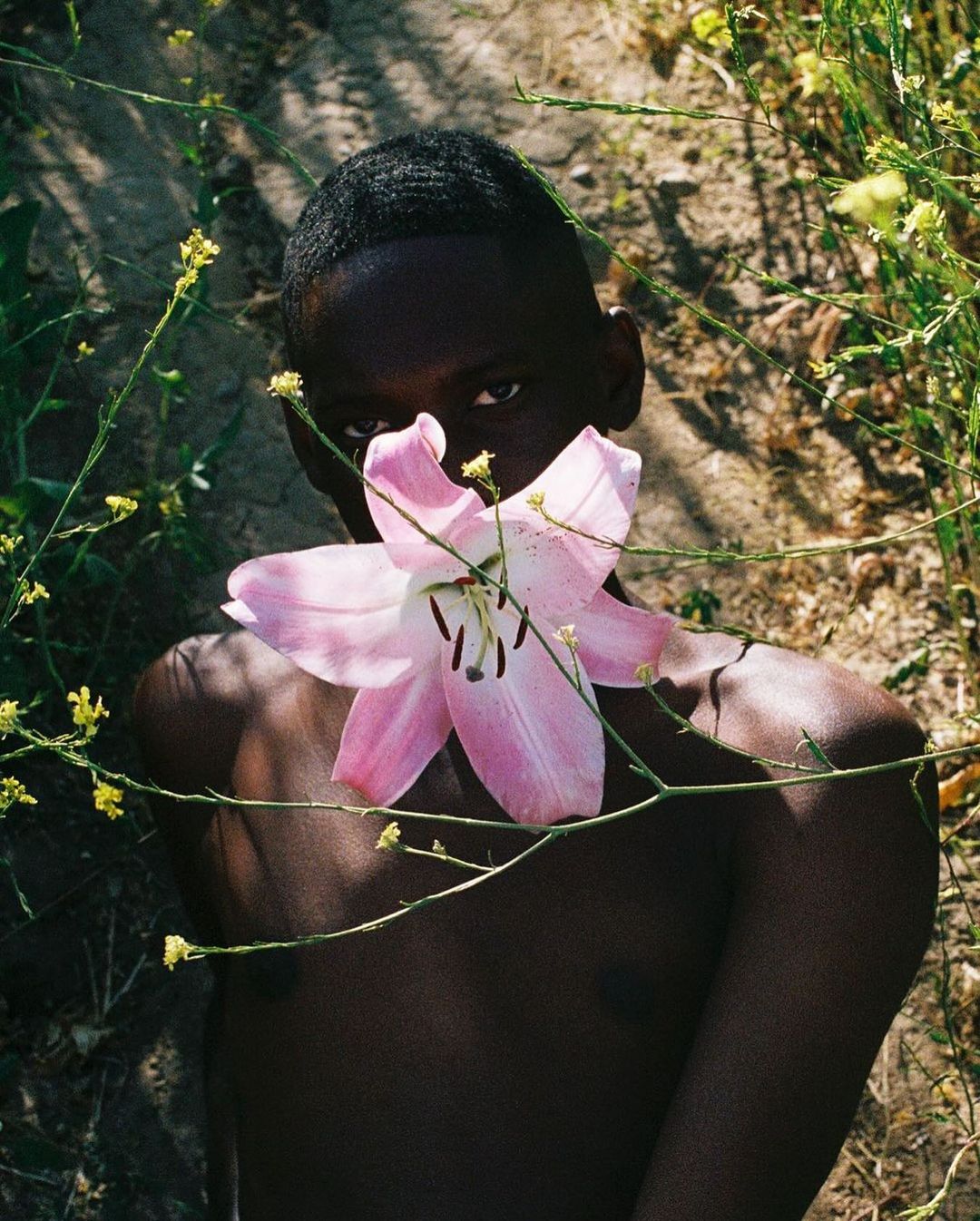A dark-skinned male model lies in wild grass, partly hidden by a large pink lily held up to his face, with a dreamy and ethereal feel.