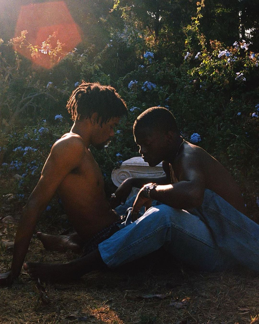 Two shirtless Black men sitting in a garden area with flowers and greenery, posing for a portrait in the sunlight, wearing blue jeans.