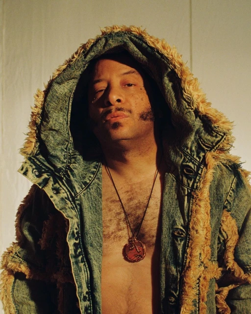 Close-up of a person wearing a denim jacket with a fur-lined hood and a medallion, looking at the camera in a neutral indoor space.