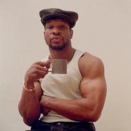 Portrait of a muscular black man wearing a flat cap and white tank top holding a small mug, by Clifford Prince King.