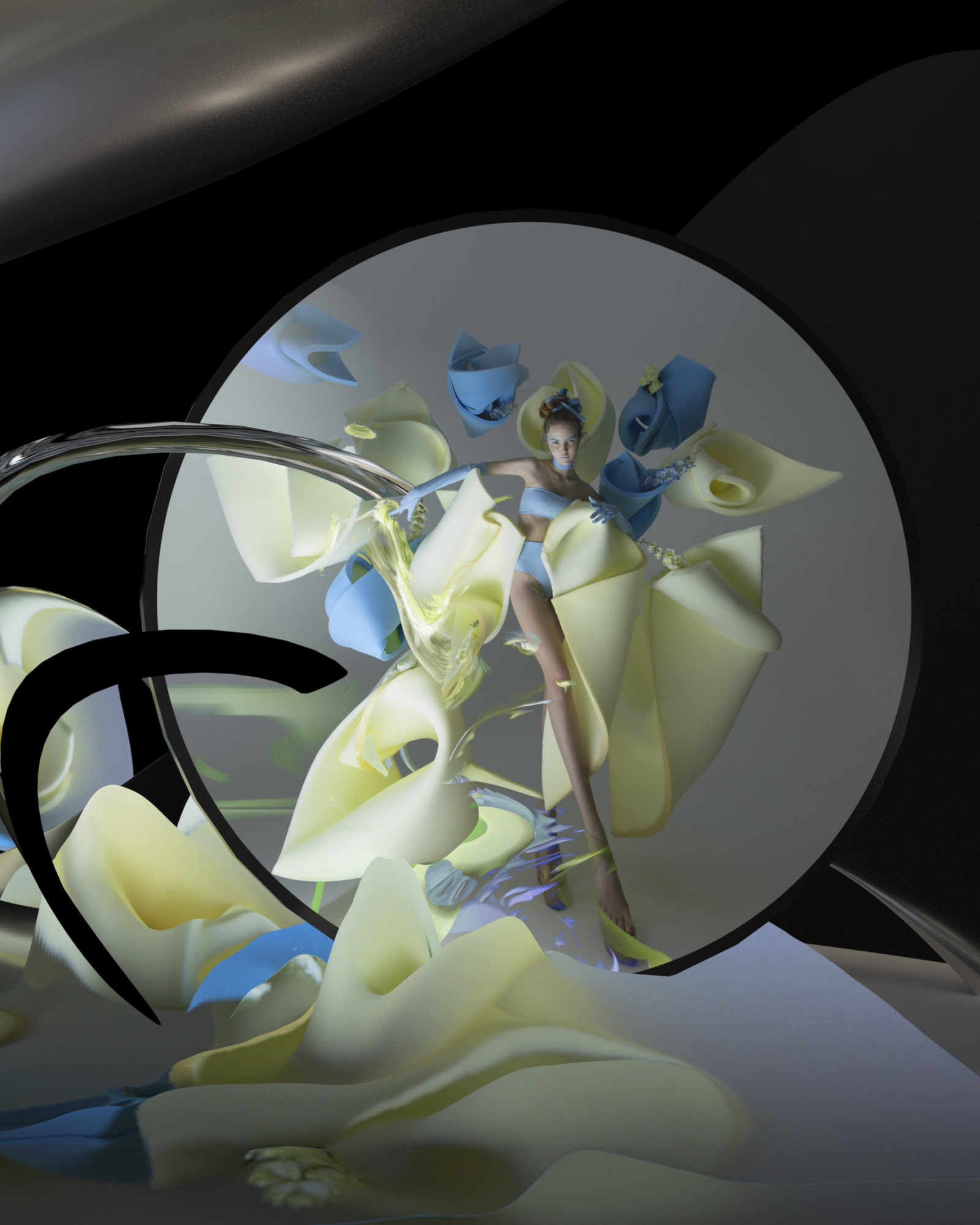 Fashion photo featuring a model in abstract blue and pale-yellow attire, surreal shapes, and a neutral backdrop with artistic lighting.