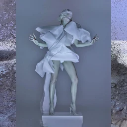 A fashion model wearing a sculptural, billowing white mini dress and high heels poses on a pedestal against a cool grey panel.