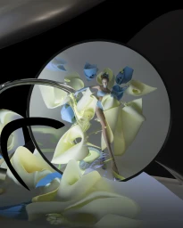 Model in blue swimsuit posed inside a surreal circular portal surrounded by sculptural yellow and blue petal shapes