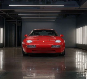 Front view of a glossy red sports car parked in a dark garage illuminated by linear LED ceiling and wall strips.