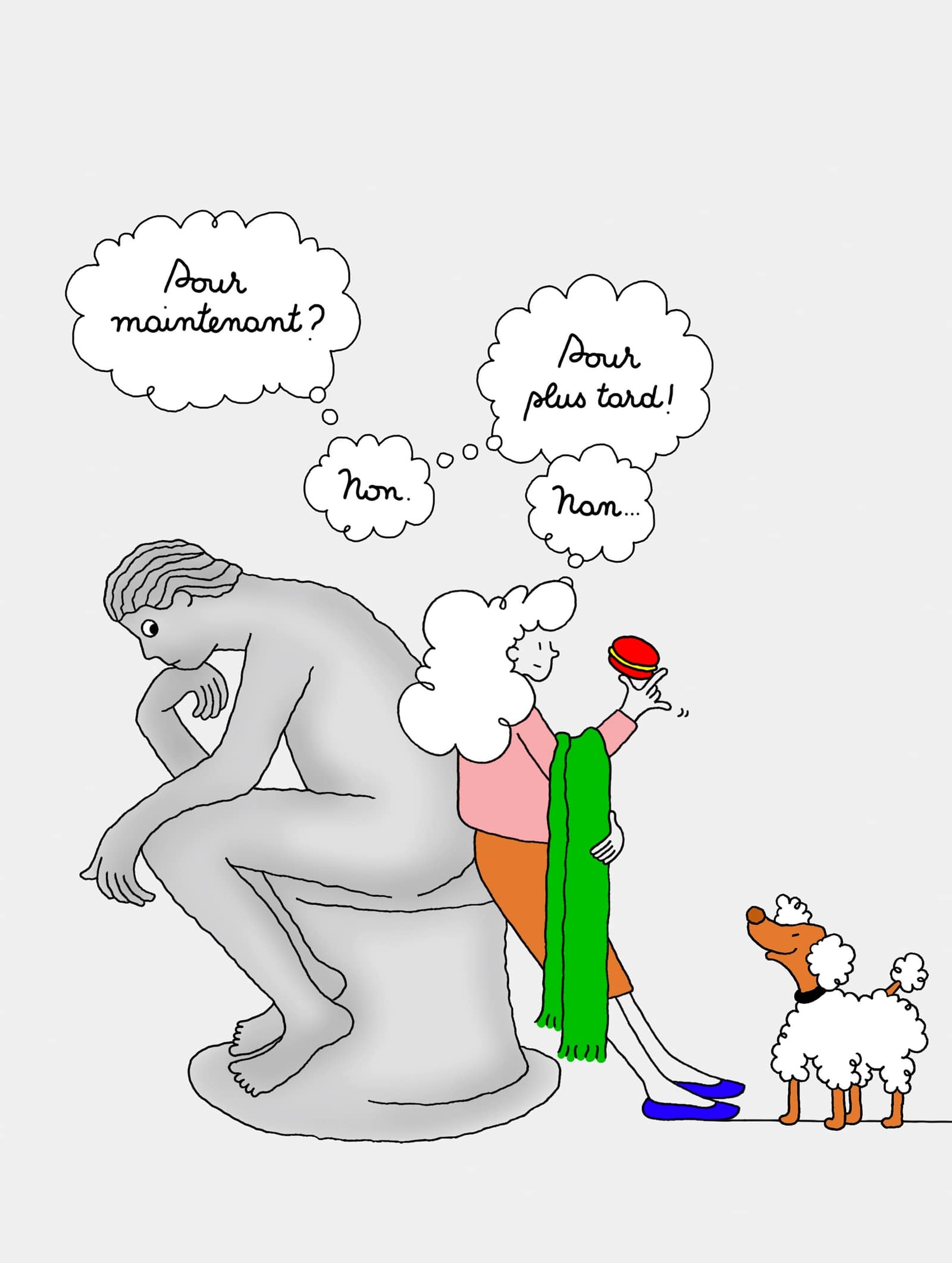 Illustration of a grey statue, a woman holding a green scarf and macaroon, and a white poodle dog on a light grey background.