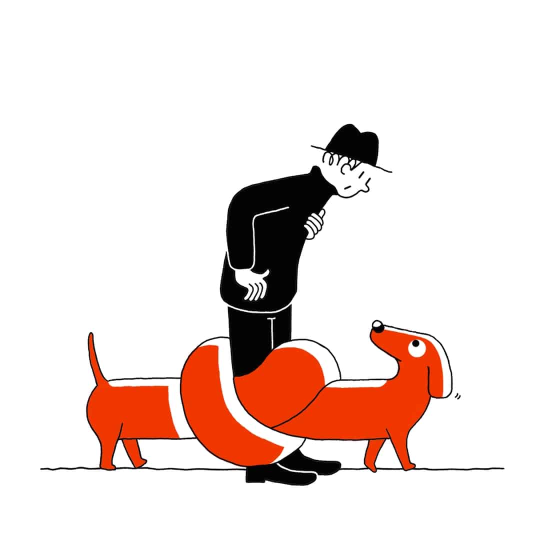 Illustration of a man in a hat looking down at an orange dachshund dog tied in a knot around his legs, set on a white background.
