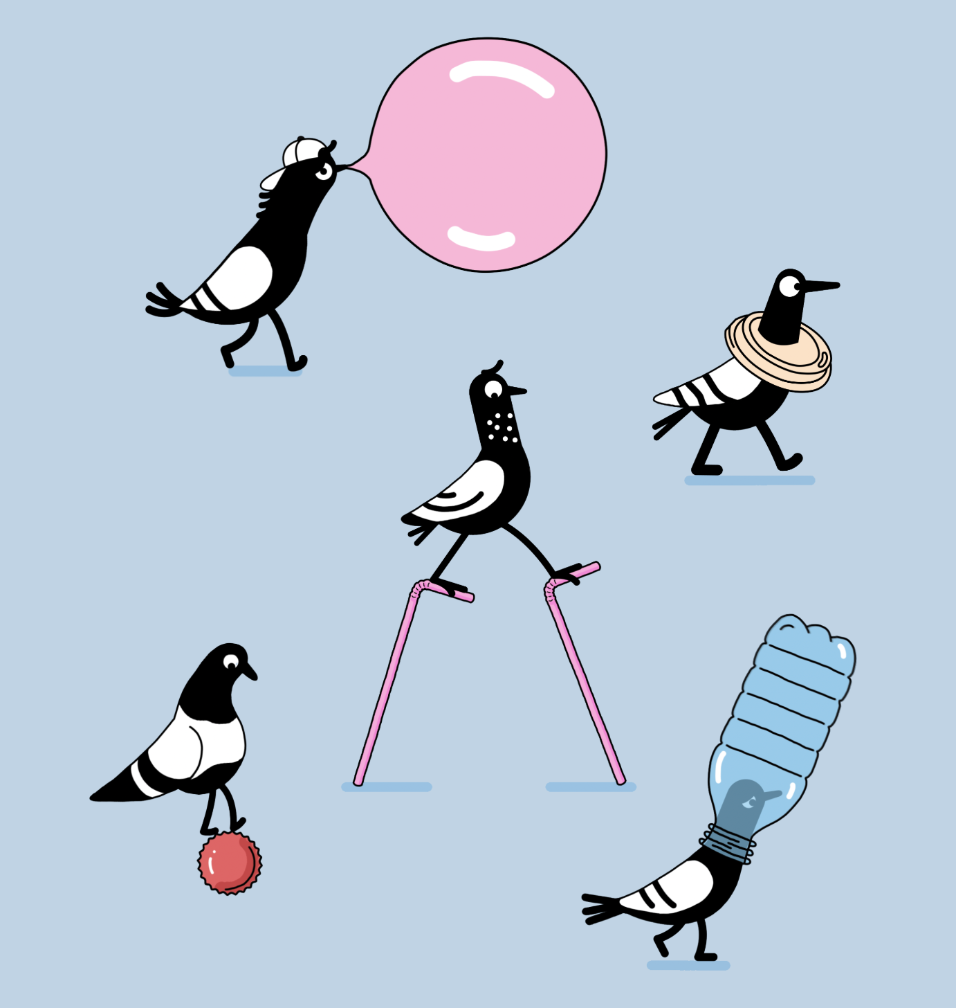 Whimsical digital art showing five pigeons, each engaged in different comical activities: blowing a bubble, walking on straws, etc.