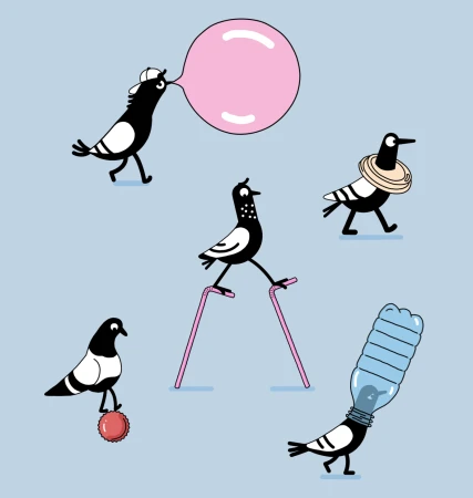 Whimsical digital art showing five pigeons, each engaged in different comical activities: blowing a bubble, walking on straws, etc.