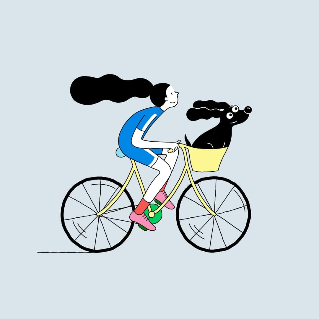 Illustration of a woman riding a bicycle with a dog in the front basket against a light blue background, promoting outdoor activity.