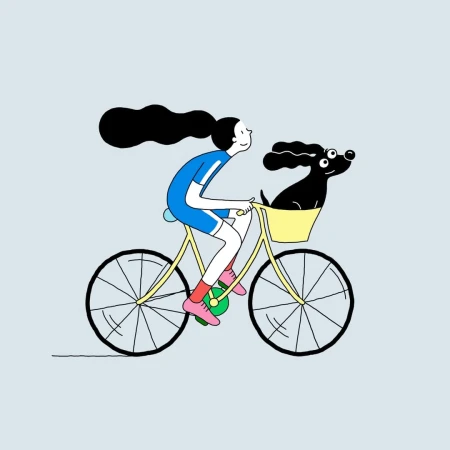 Illustration of a woman riding a bicycle with a dog in the front basket against a light blue background, promoting outdoor activity.