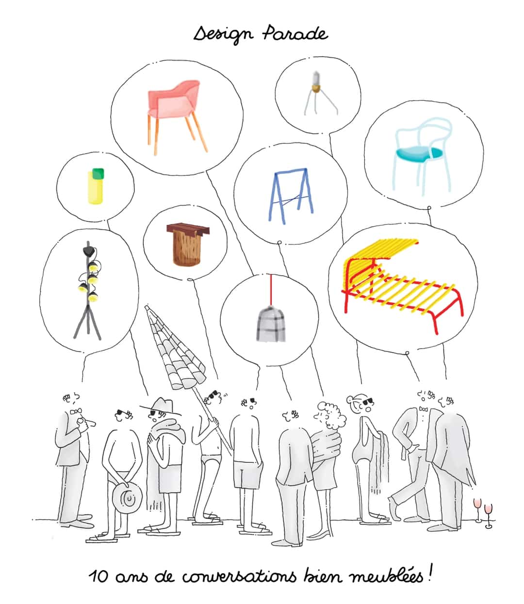 Illustration of a crowd of people viewing various furniture items in thought bubbles, with a title that reads Design Parade.