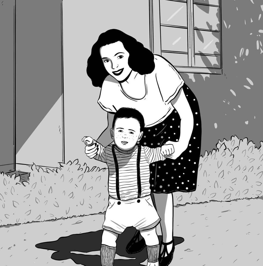 Illustration of mother and toddler standing outside a building with bushes. The child wears suspenders and the woman wears a polka dot skirt.