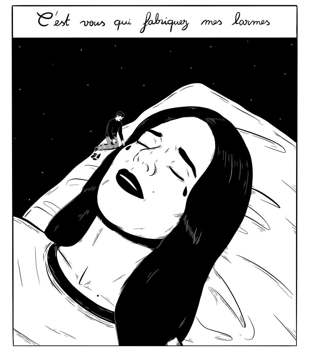 Black-and-white illustration of a weeping adult female with dark hair. A smaller adult male figure sits atop her face in the night sky.